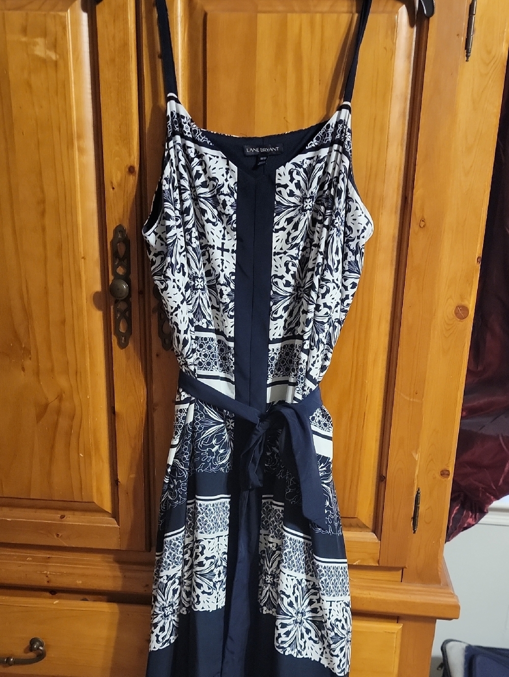 Lane Bryant Navy and White Printed Midi Dress with Tie Waist